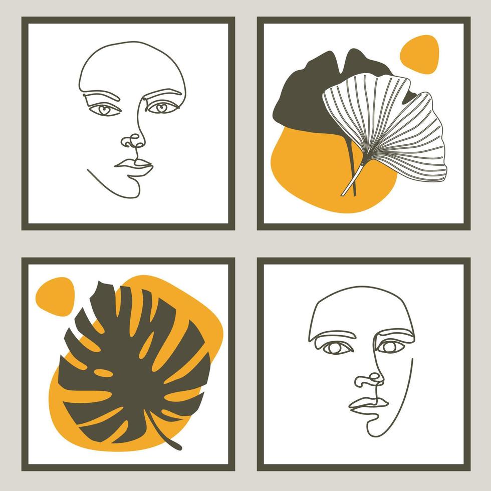 Set of women faces continuous Line art and leaves . Abstract Contemporary collage of geometric shapes in a modern trendy style. Vector for Beauty Concept, t-Shirt Print, postcard, poster