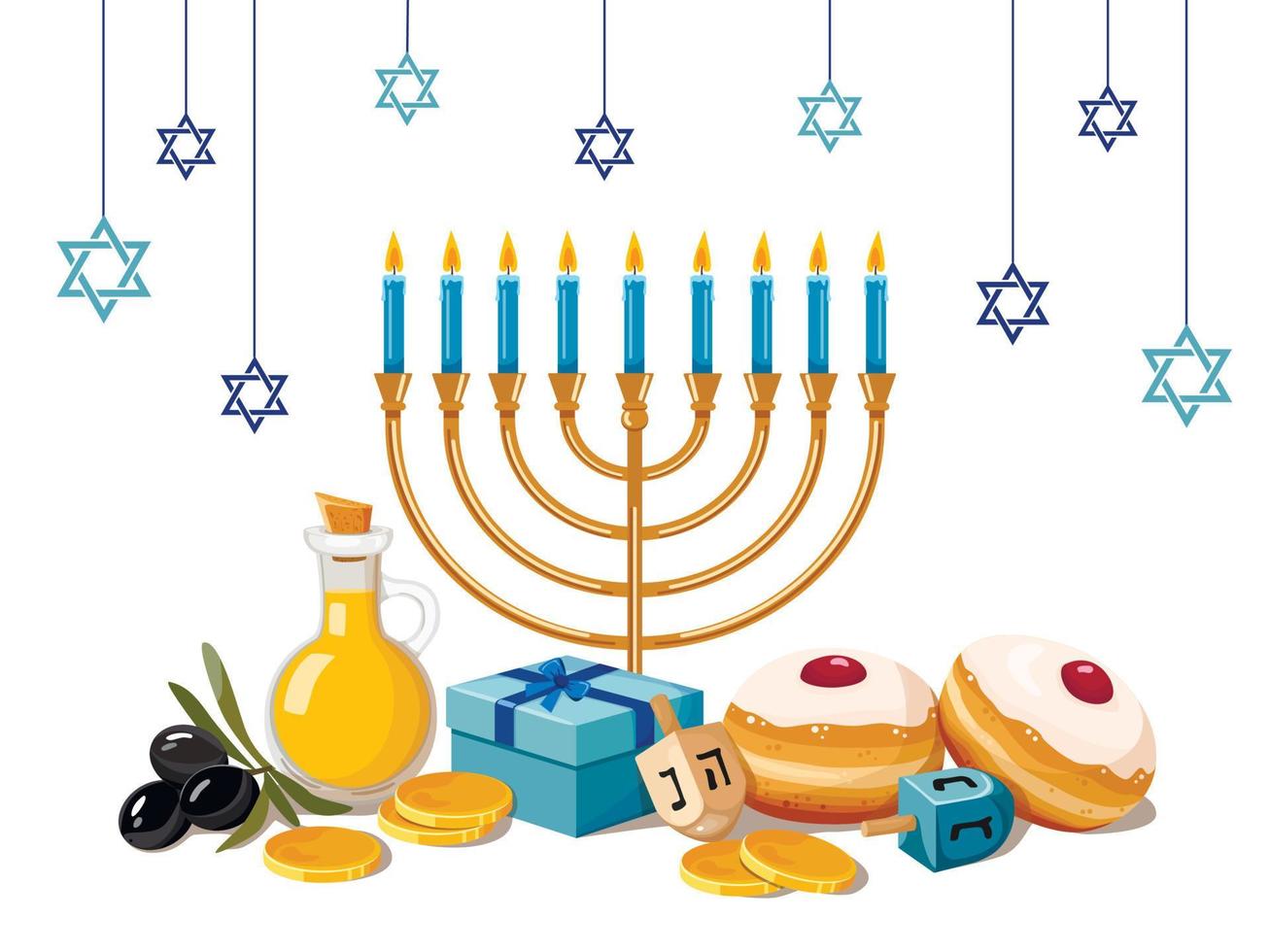 Greeting card or postcard template with traditional Hanukkah symbols  - menorah, sufganiyah doughnuts, olive branch, gift, gelt, dreidels. Vector illustration