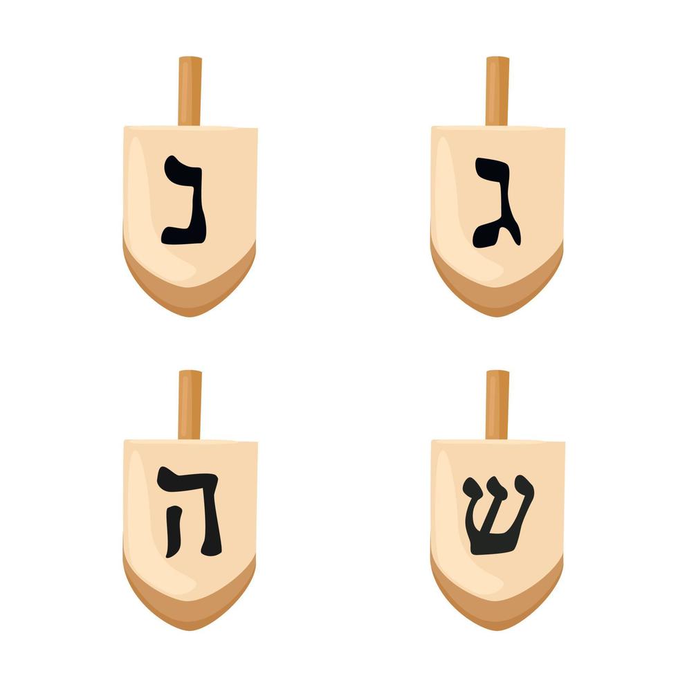 Set of Hanukkah dreidels icons. Vector illustration. Hanukkah dreidels with its letters of the Hebrew alphabet.