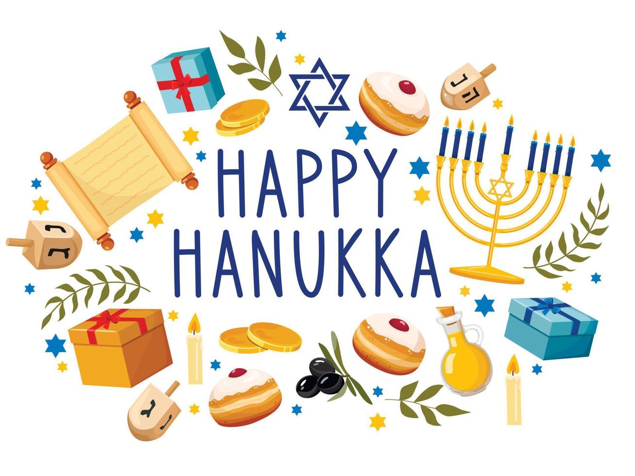 tarjeta de felicitación o plantilla de postal con letras felices de hanukkah y símbolos tradicionales de vacaciones - menorah, donuts sufganiyah, rama de olivo, regalo, gelt, dreidels. ilustración vectorial vector