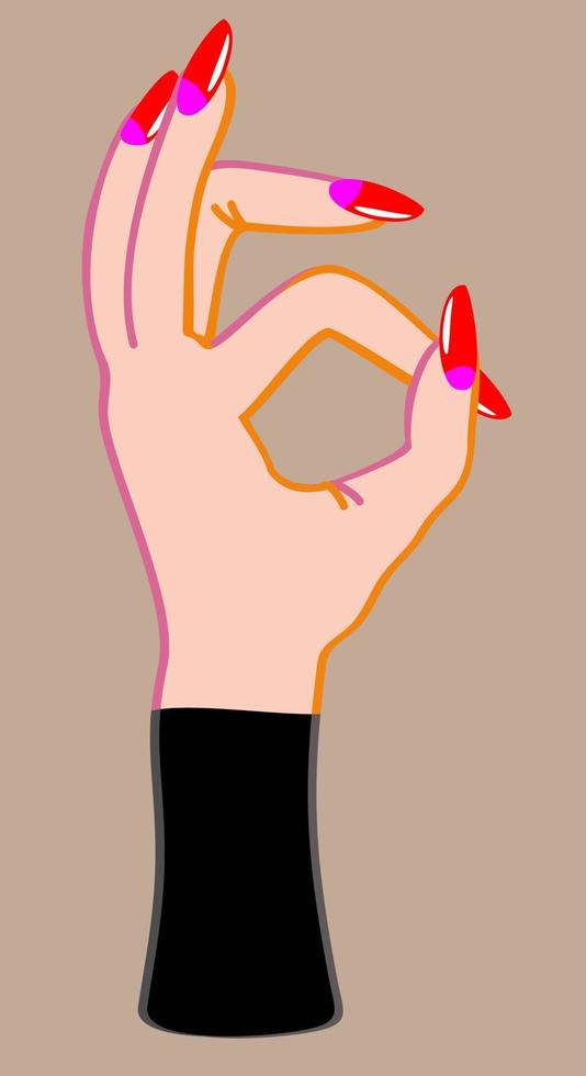 ok gesto de la mano. mano femenina con largas uñas rojas. vector