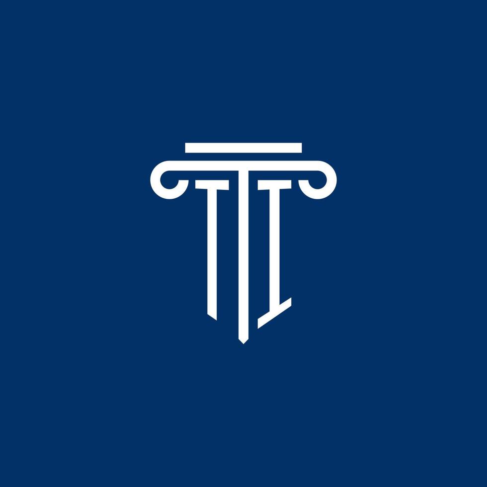 monograma del logotipo inicial de ti con un icono de pilar simple vector