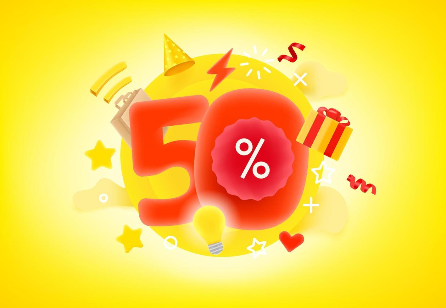 50 percent shopping discount concept. 3d style cute vector illustration