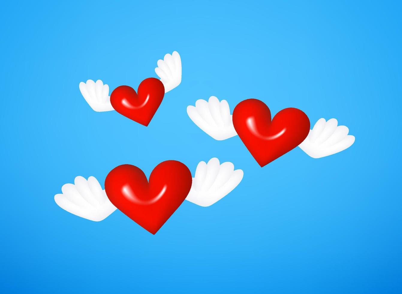Red hearts flying with the wings. 3d vector concept