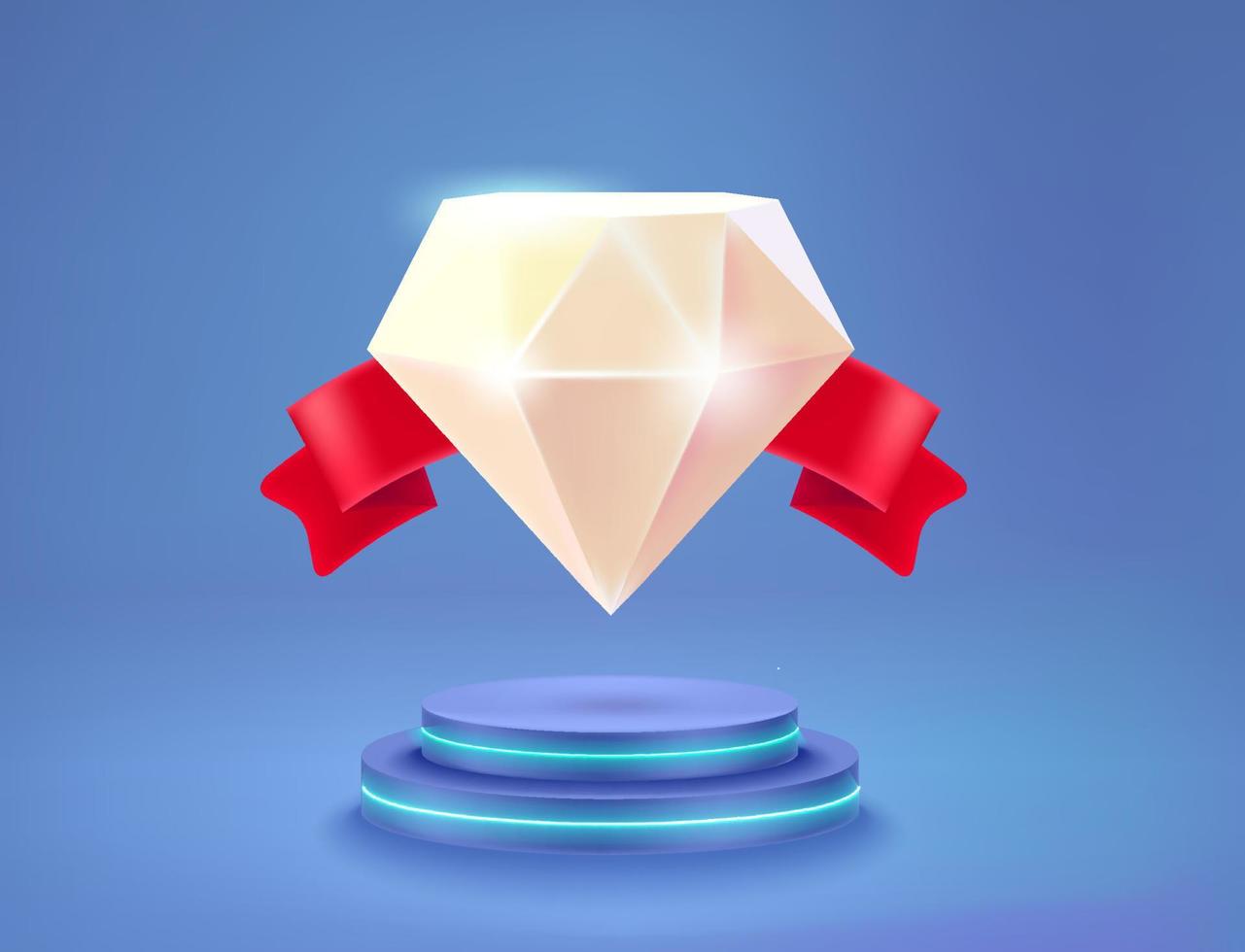 White crystal with red ribbon on neon podium. Vector 3d illustration