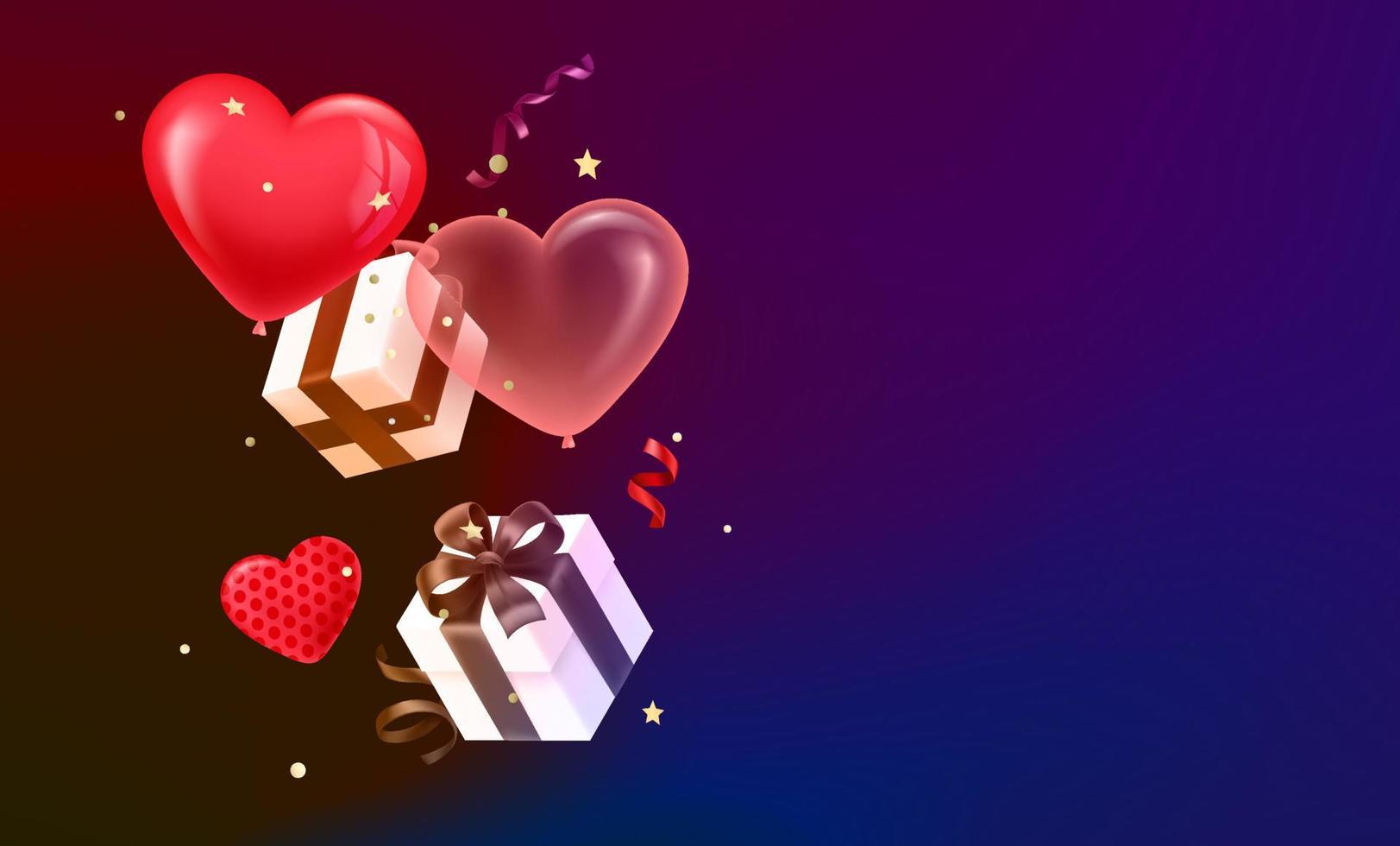 Valentines day banner with falling gift boxes and air balloons. 3d vector banner with copy space