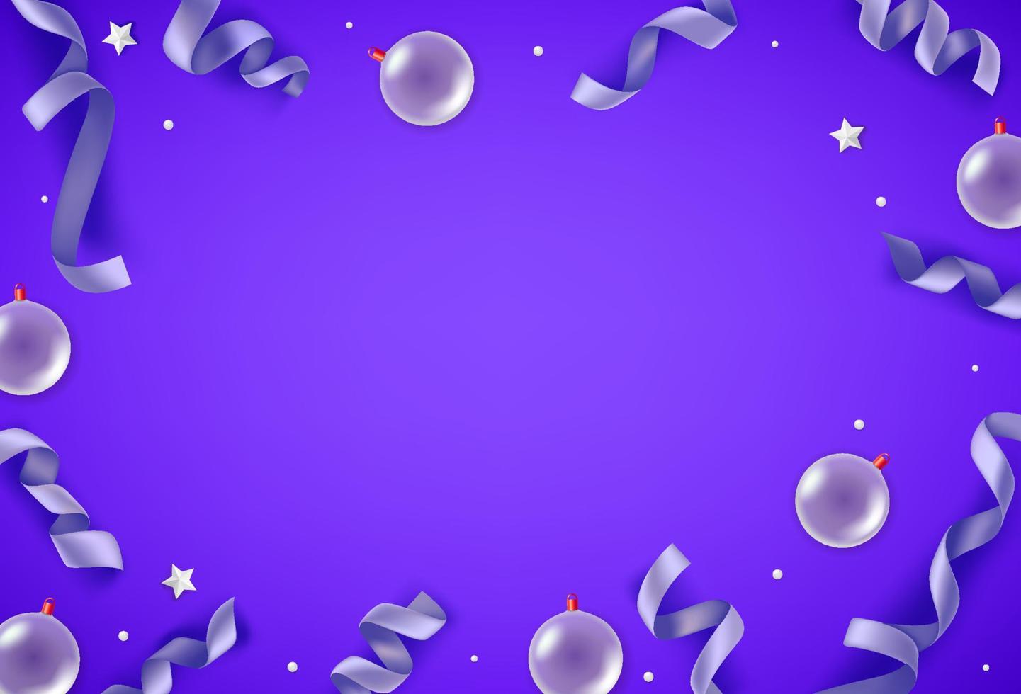 White baubles and violet ribbons on purple background. Christmas banner with copy space vector