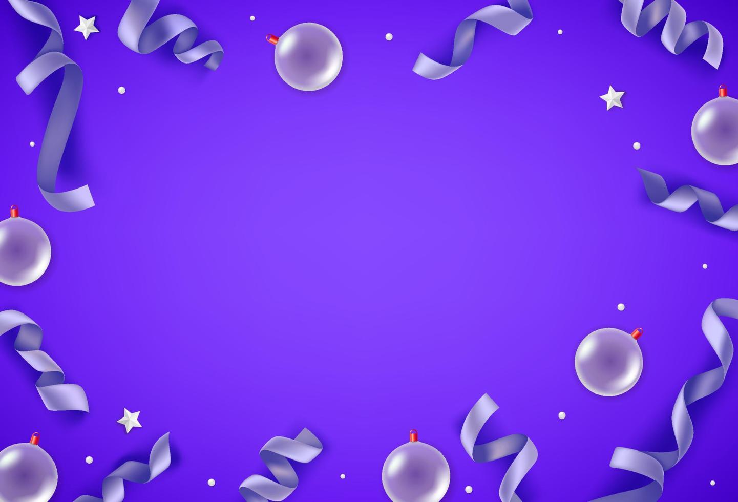 adornos blancos y cintas violetas sobre fondo morado. banner de navidad con espacio de copia vector