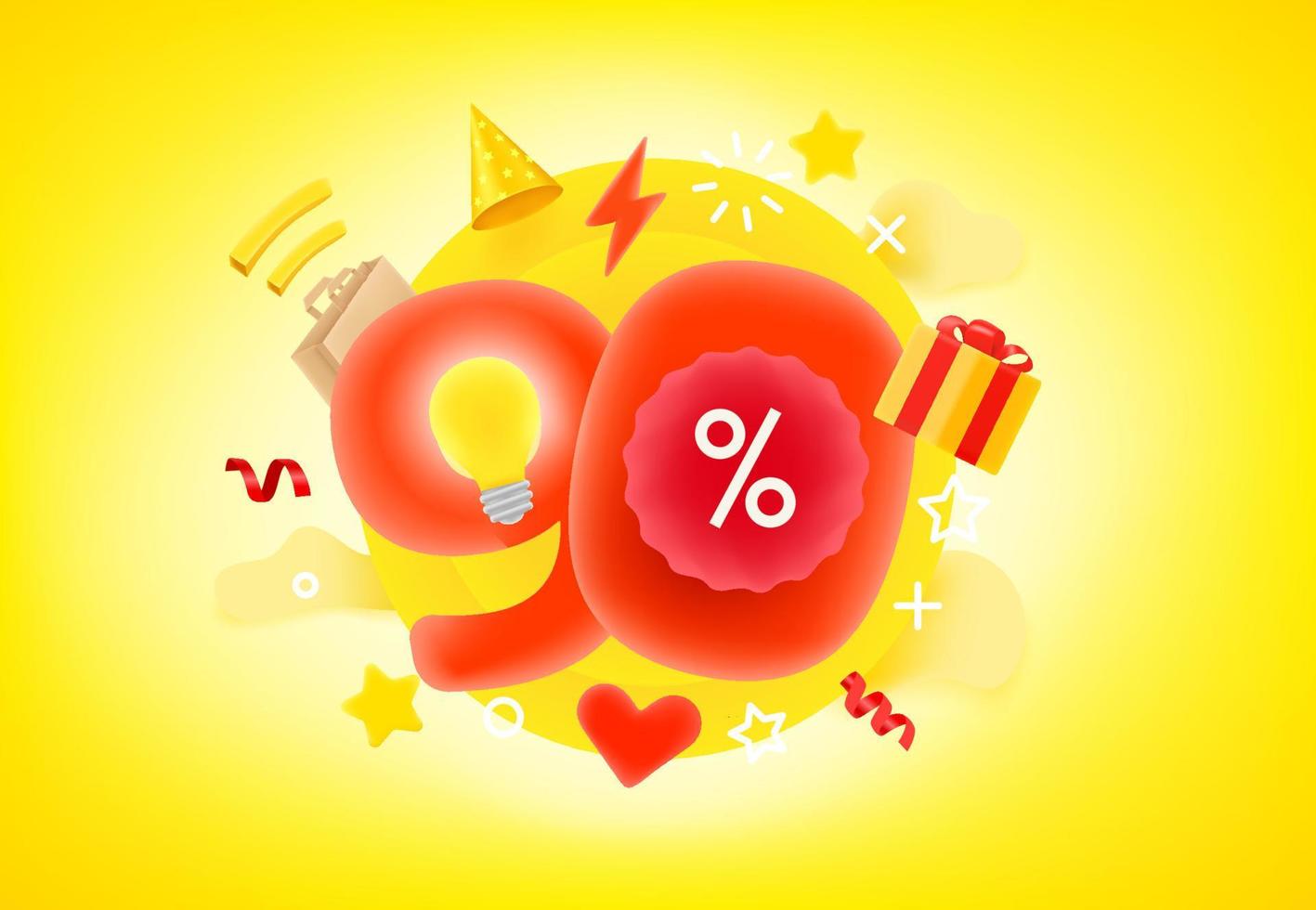 Ninety percent shopping discount concept. 3d style cute vector illustration