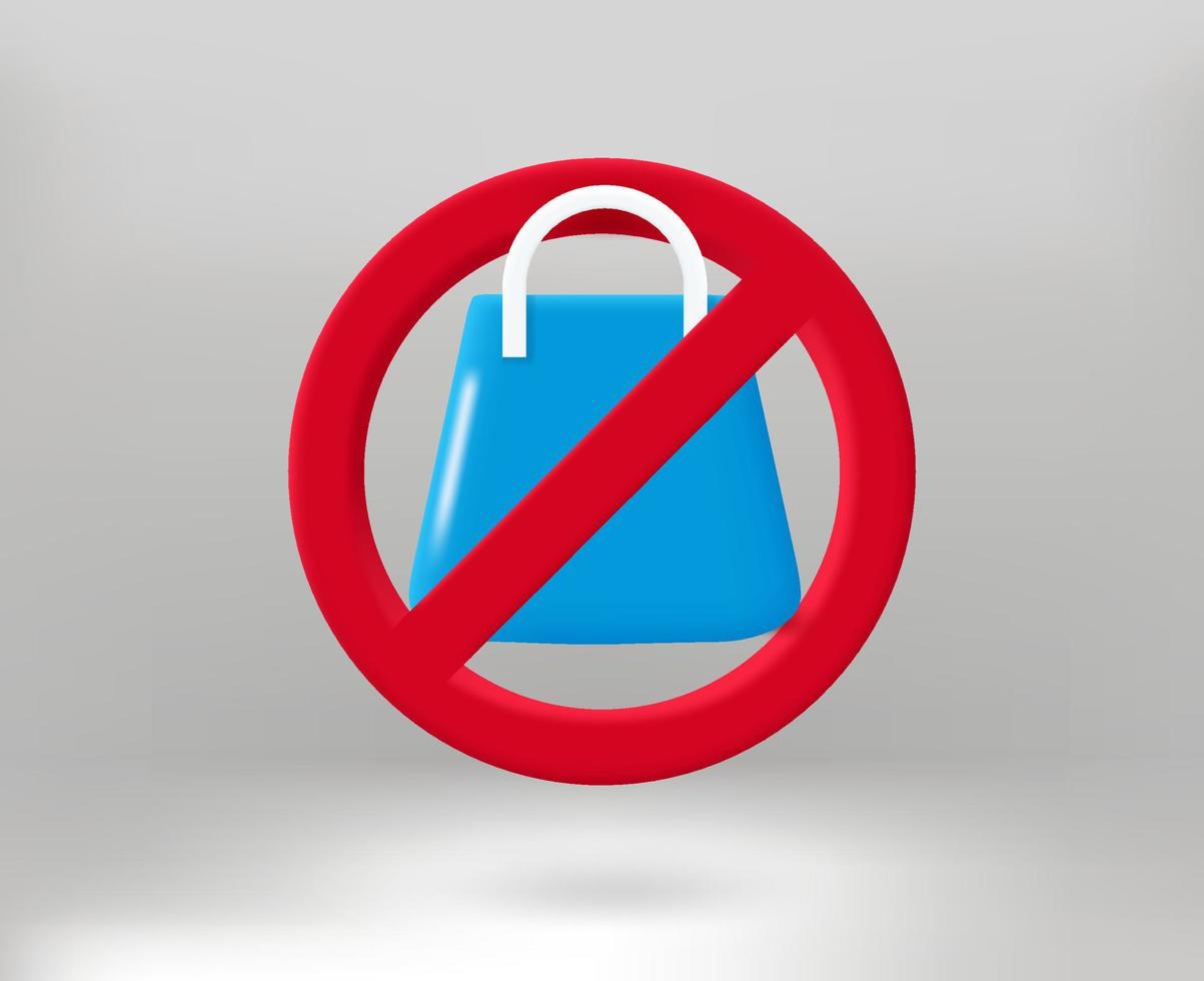 Stop shopping concept with shopping bag icon. 3d vector illustration