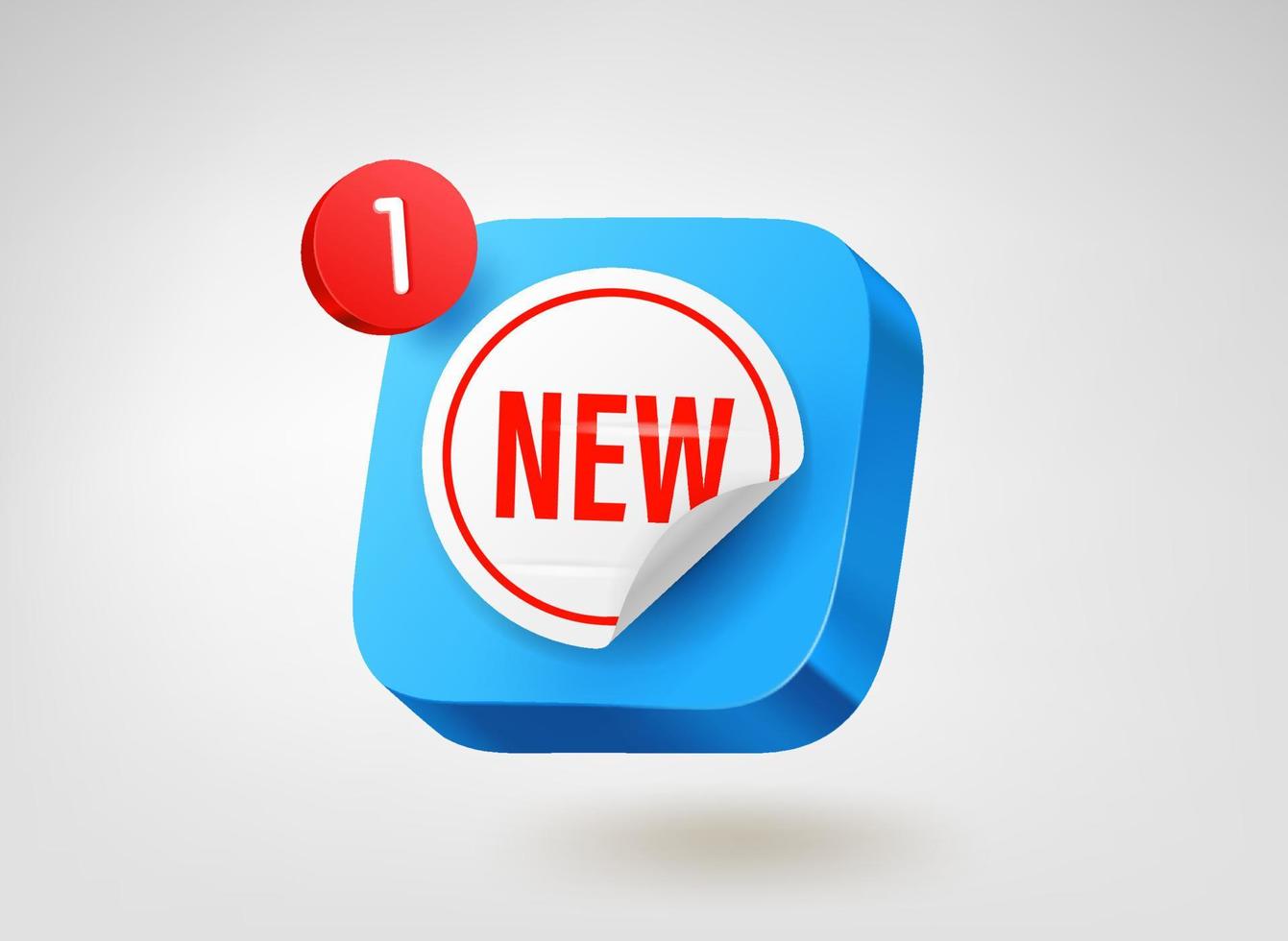 New sticker on blue button with notification. 3d vector mobile application icon
