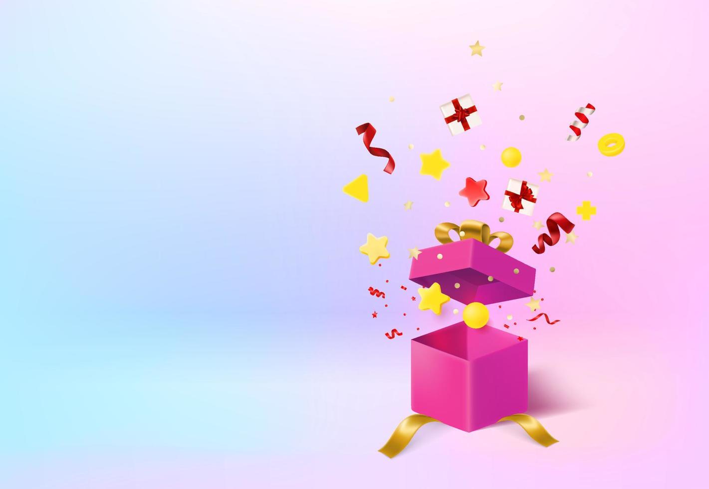 Holiday concept with gift box and confetti. 3d vector banner with copy space