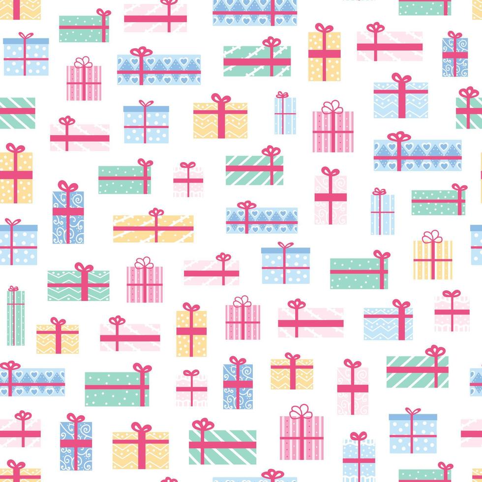 Present boxes seamless pattern for birthday party or christmas on white background in cartoon style for wrapping paper or background, gifts ornament vector