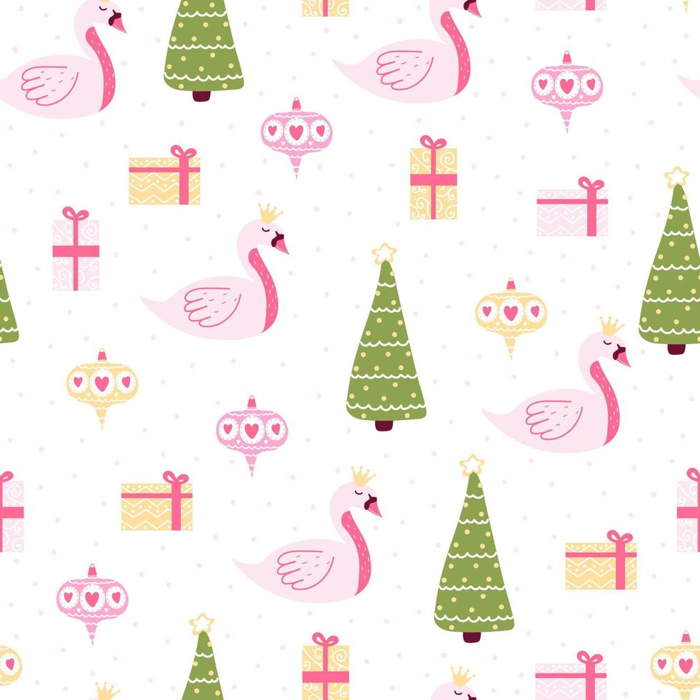 Cute christmas pattern with swan, xmas eve and gifts boxes in childish cartoon style on white background for wrapping paper or fabric, animal ornate for kids vector