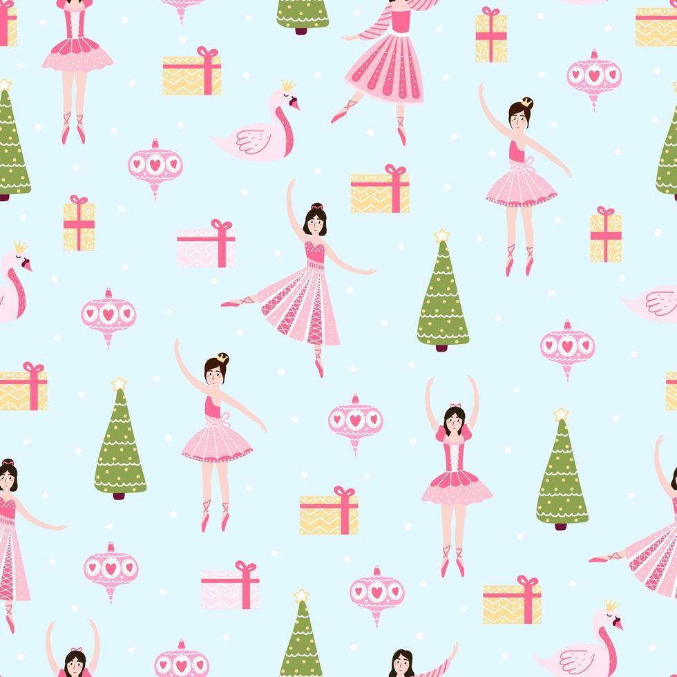 Colourful christmas seamless pattern with ballerina and xmas tree, gift boxes for wrapping paper or childen textile vector