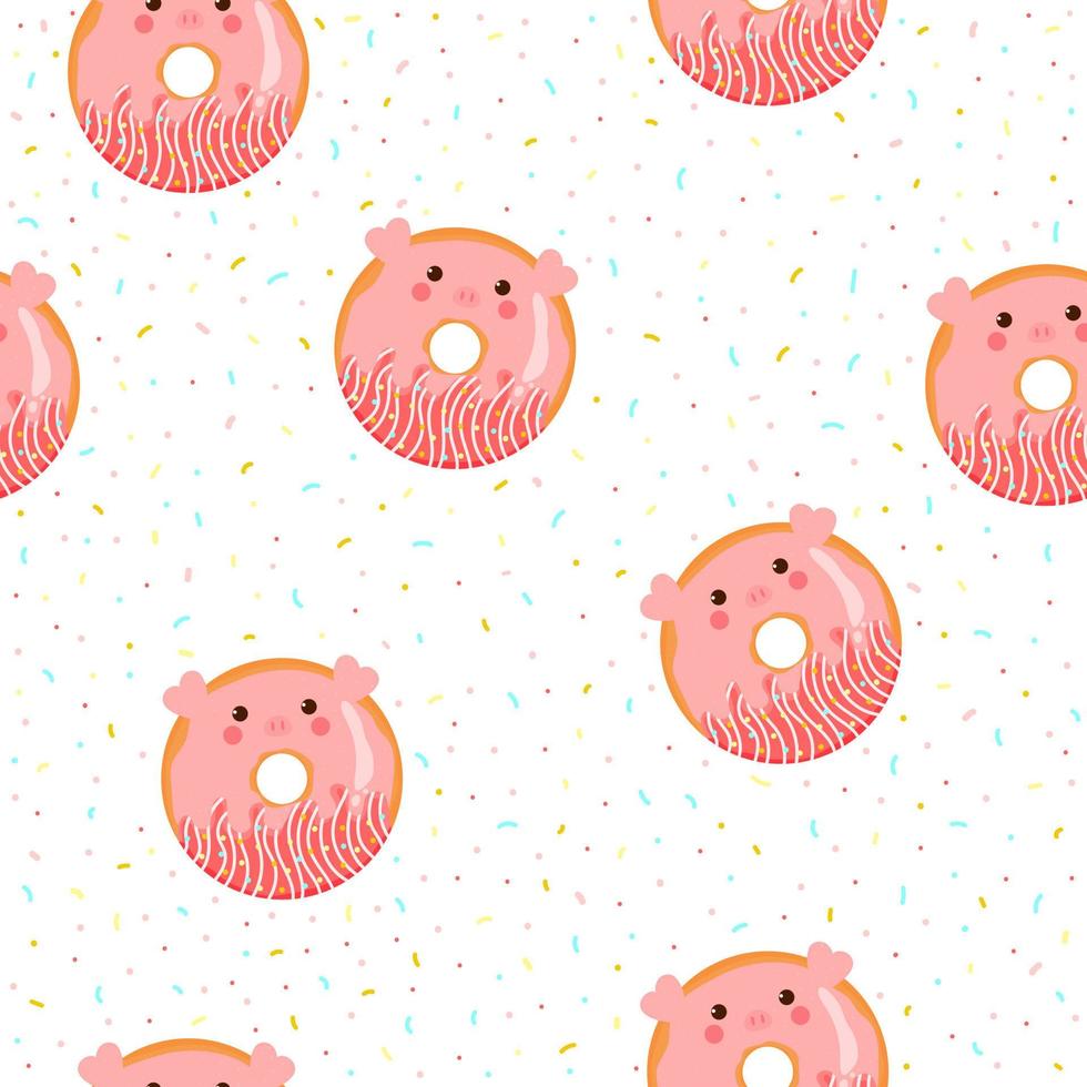 Cute colorful pig donuts seamless pattern for kids in cartoon style on white background, tasty bakery ornament for print vector