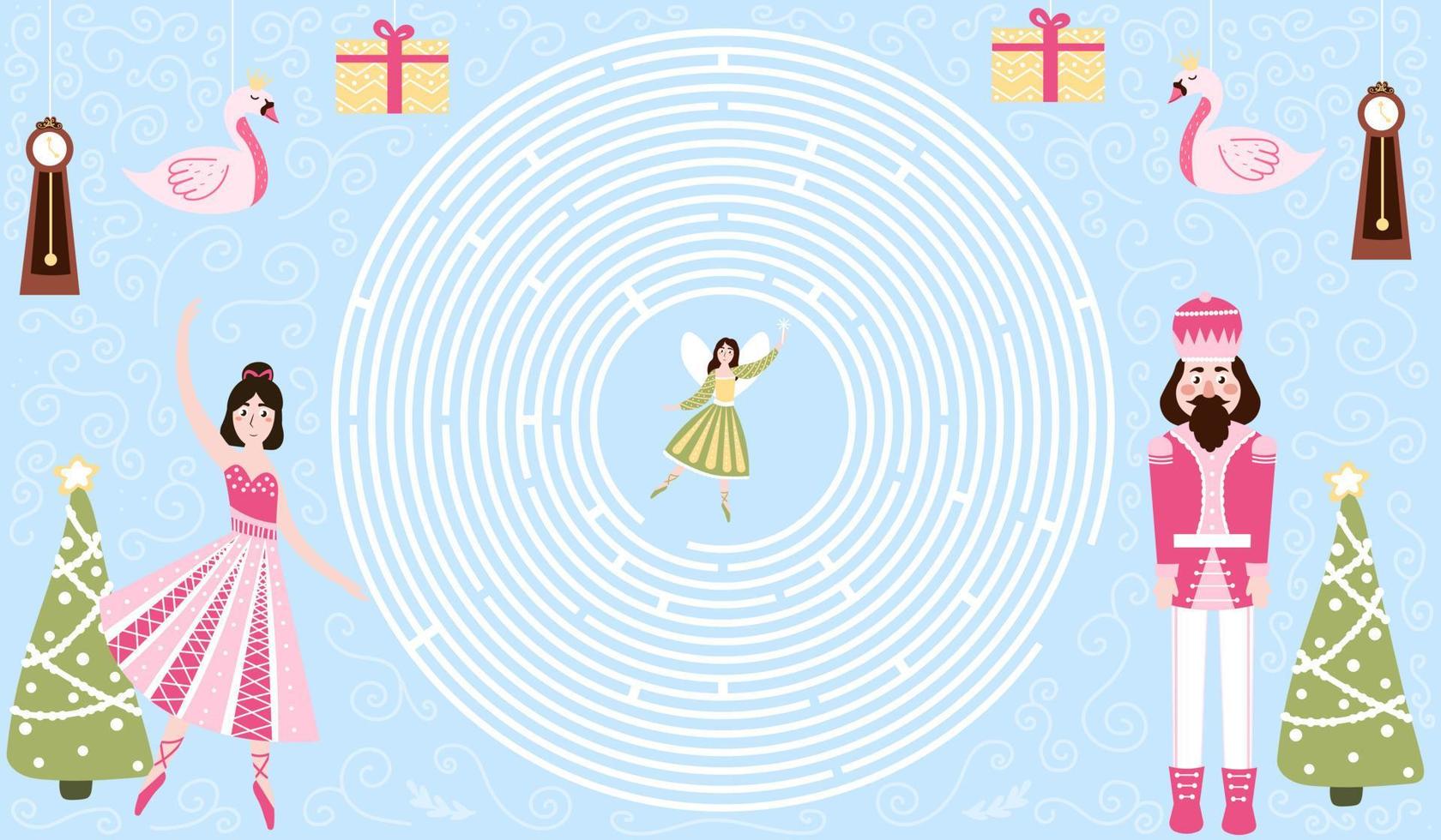 Christmas printable worksheet for kids with nutcracker chracter and ballerina, help to find right way to fairy, circle maze for children books for winter holidays in cartoon style vector