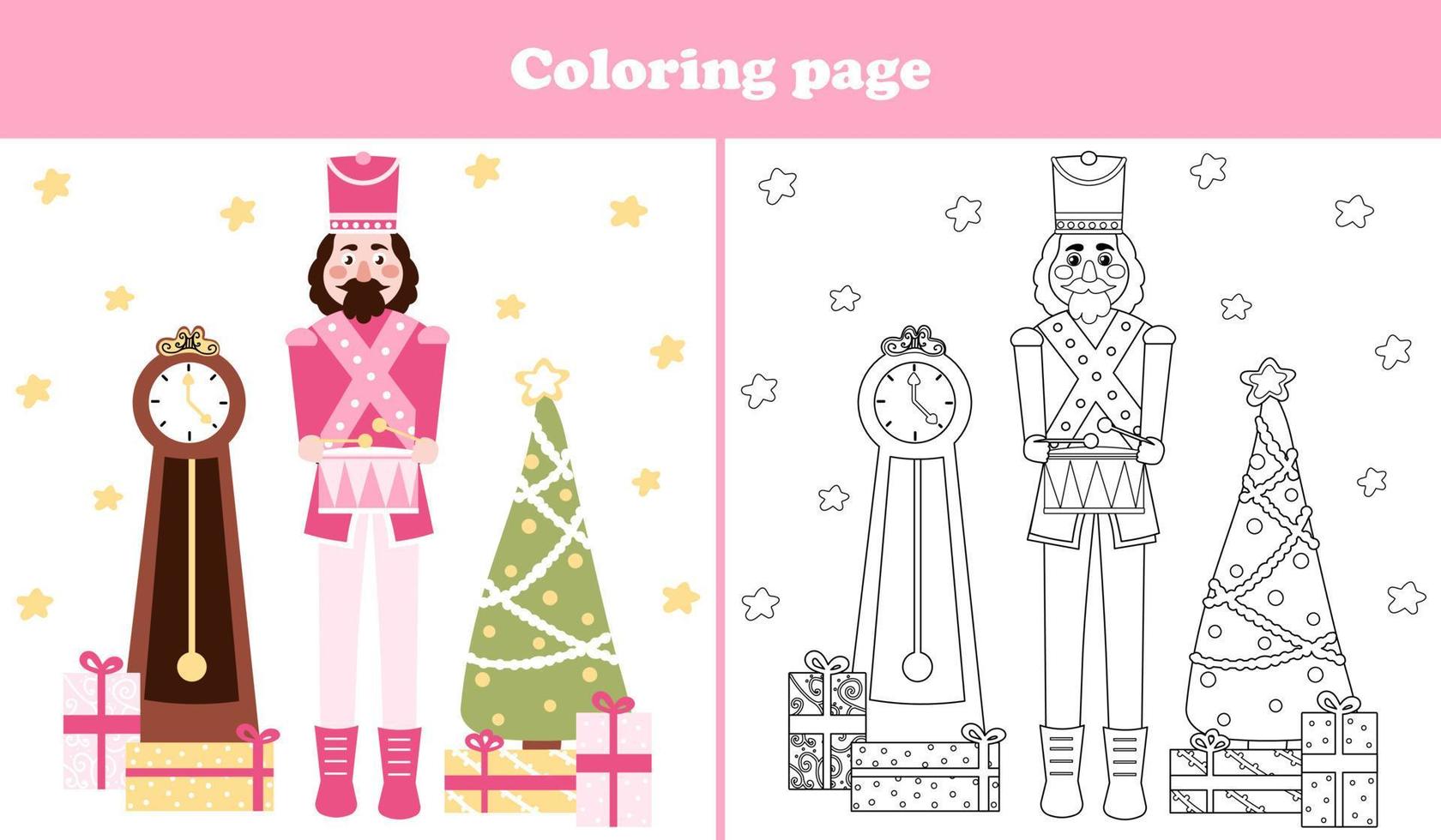 Christmas coloring page with cute nutcracker character and xmas tree with gift boxes in cartoon childish style vector