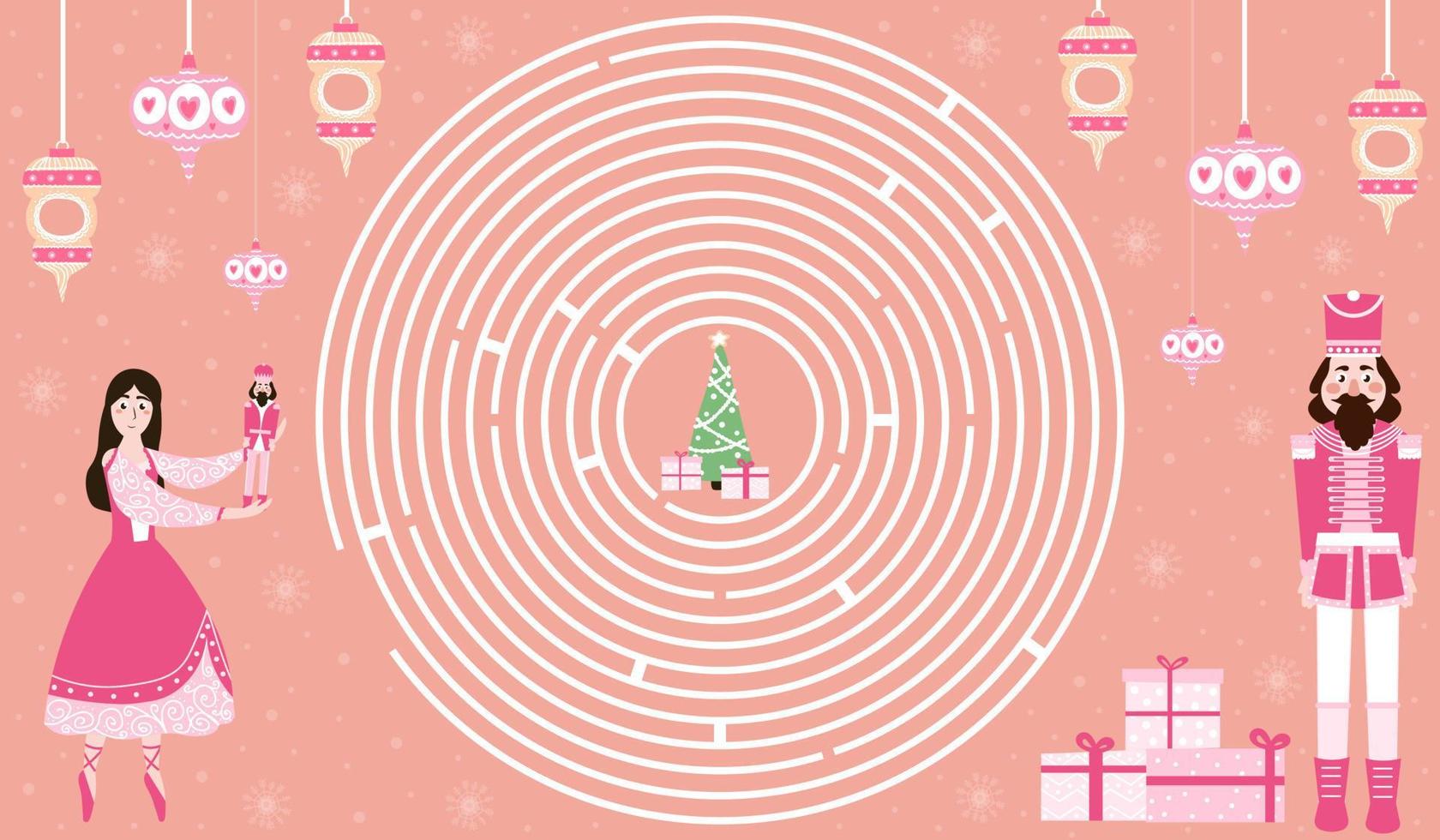 Christmas circle maze with nutcracker character and ballerina, help to find right way to xmas tree, printable logical worksheet for kids for winter holidays on pink background vector
