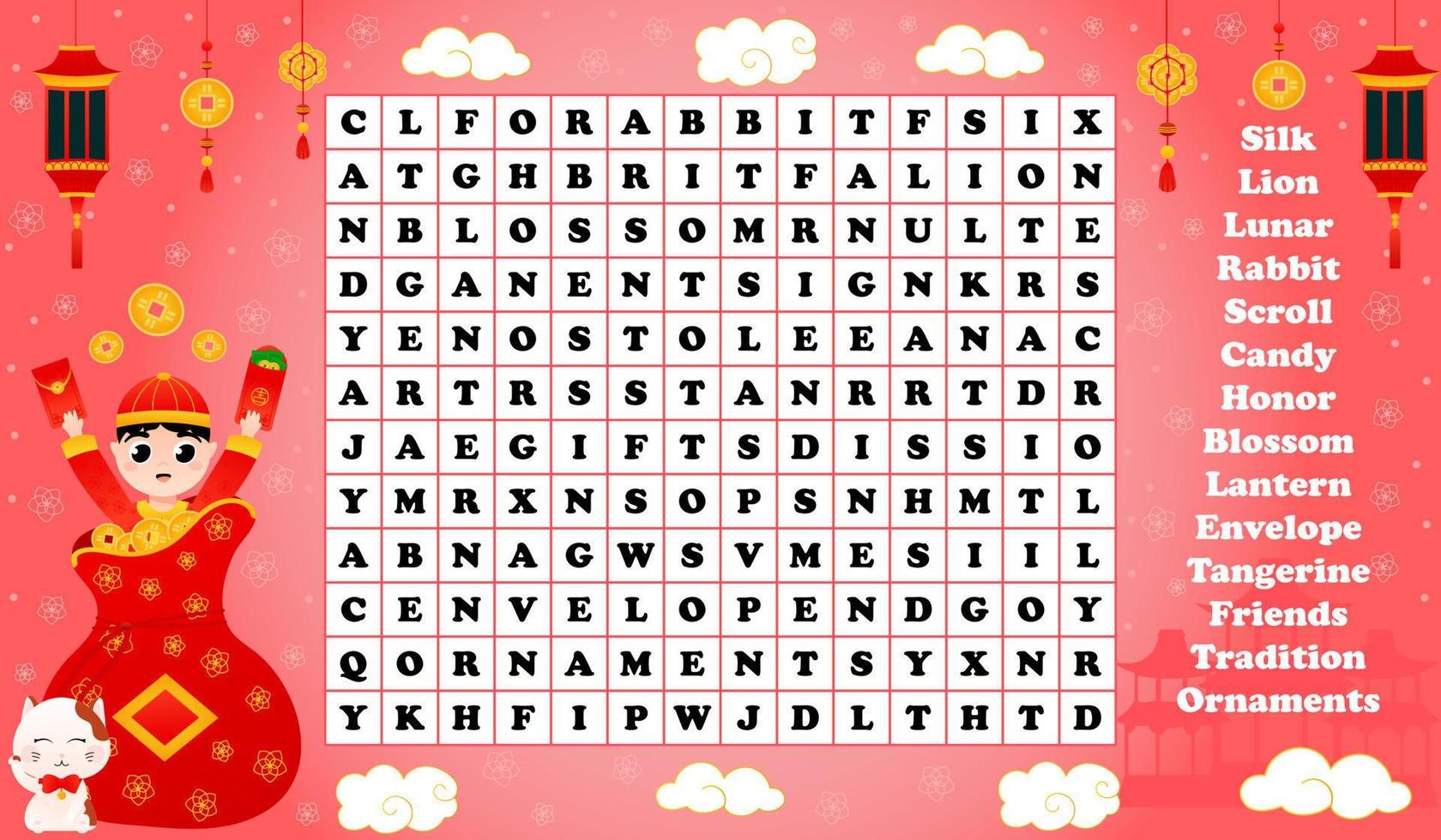 Word search puzzle with cute boy character in chinese traditional costume holding red envelopes and sitting in lucky bag, lanterns and luck mascots, printable worksheet for lunar new year vector
