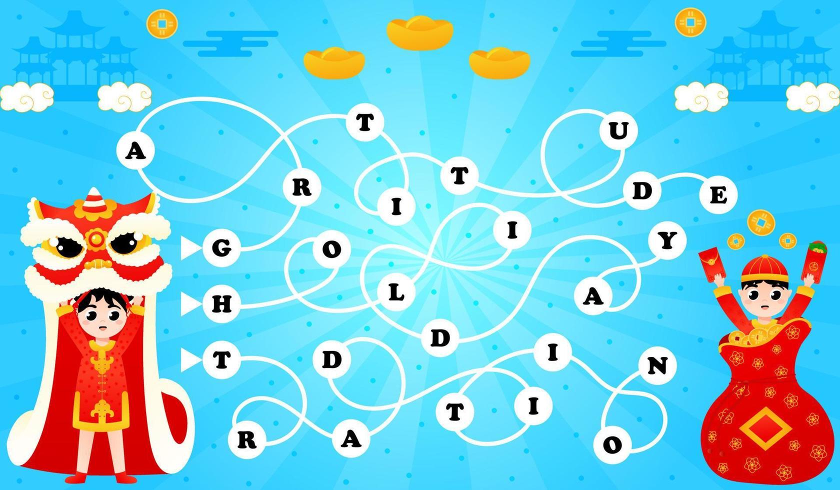 Find way puzzle game for kids for lunar new year, printable worksheet with girl dancing lion dance and boy in lucky bag vector
