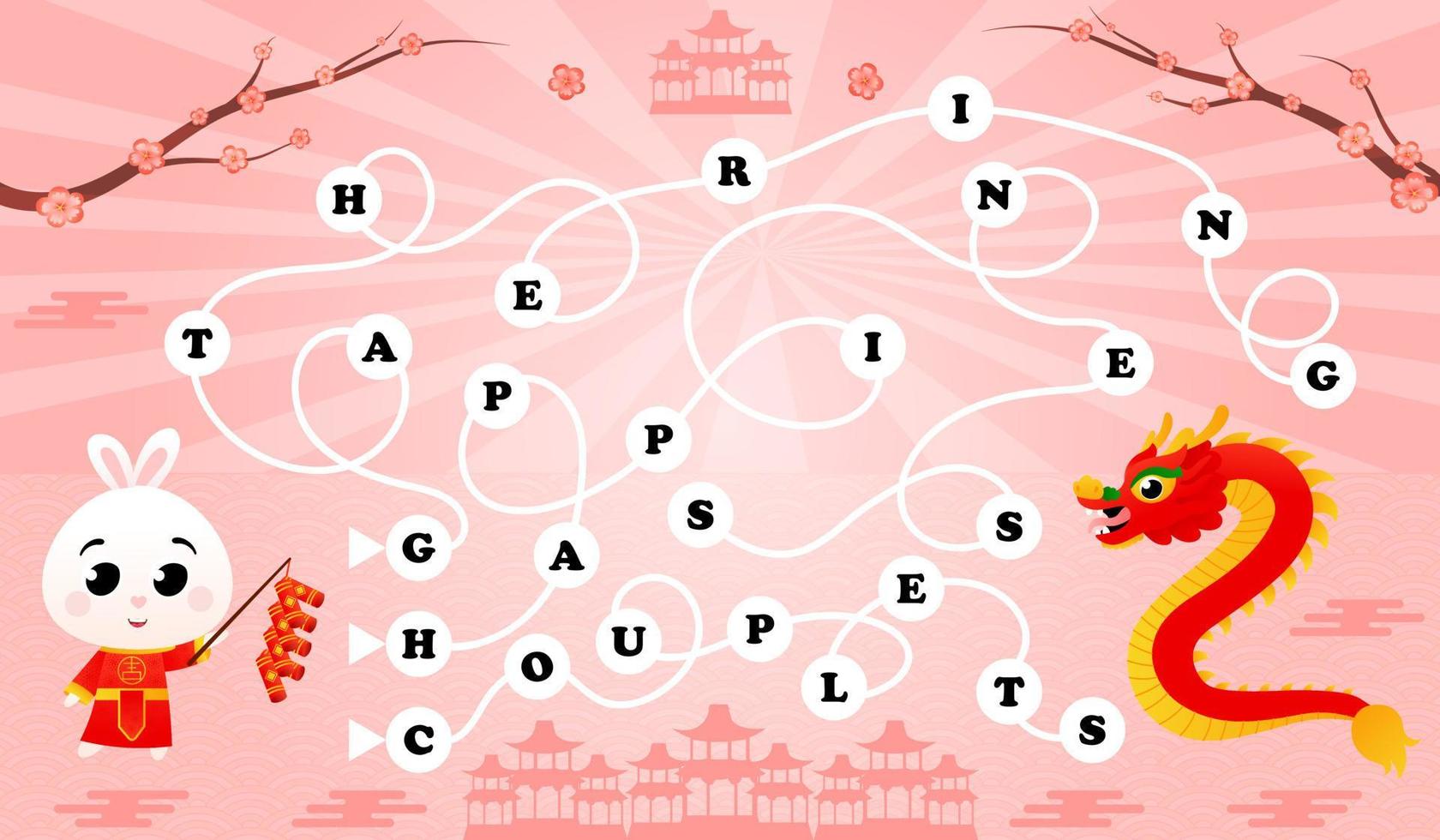 Find way puzzle game for kids for lunar new year, printable worksheet with cute rabbit and dragon character vector