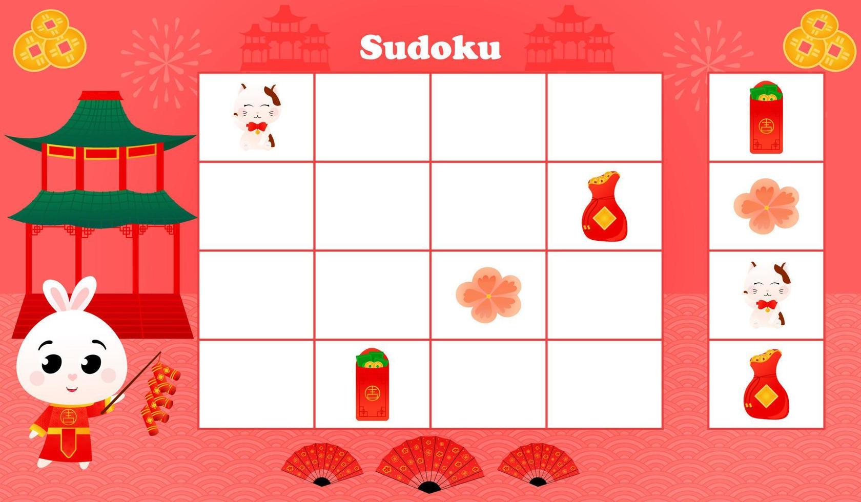 Sudoku game for kids with cute rabbit in traditional chinese costume and holding firecrackers, logical worksheet vector