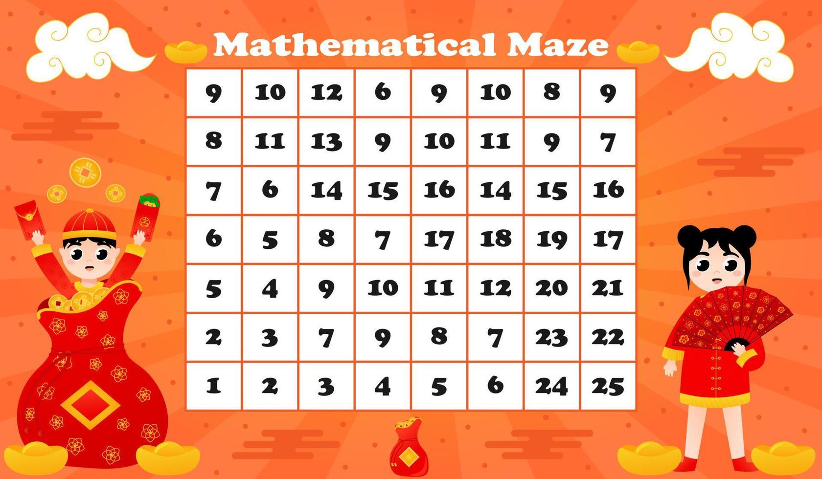 Mathematical maze for kids with girl holding fan and boy jumping from lucky bag on orange background vector
