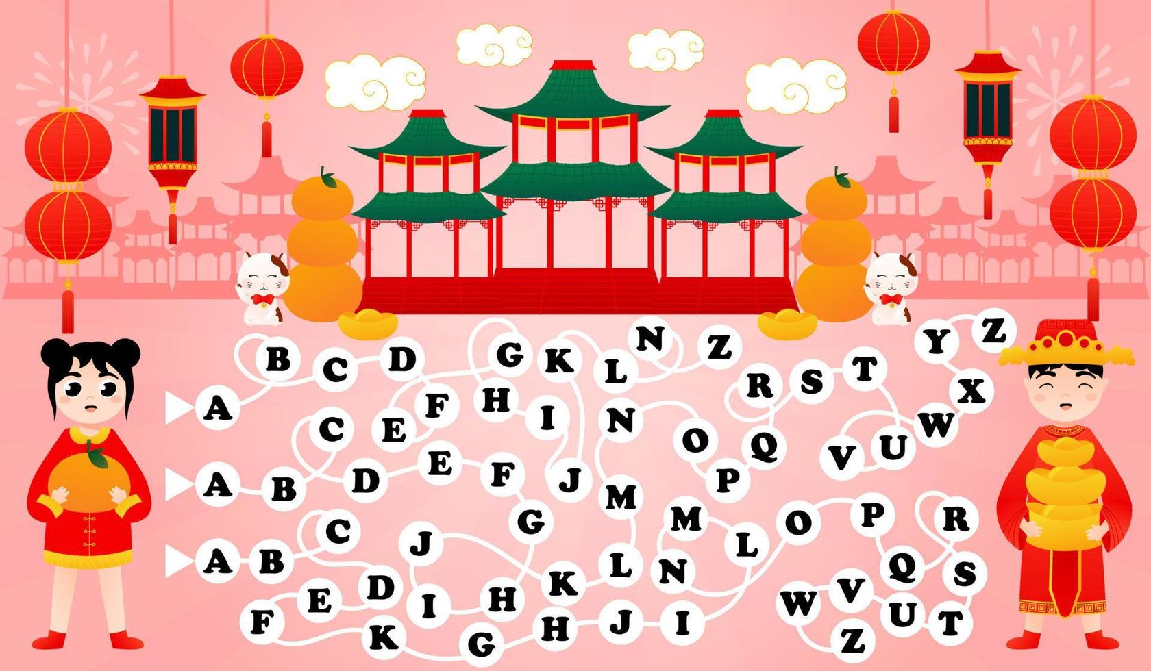 Alphabet game for kids on pink background, find way from a to z printable worksheet with girl and boy, lunar new year vector
