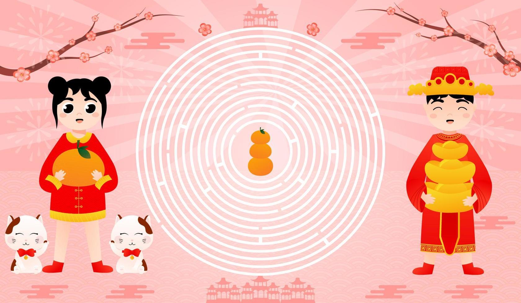 Printable worksheet with circle maze with cute kids in traditional chinese costumes holding ingots and tangerine vector