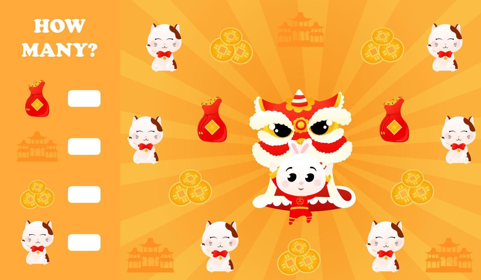 How many puzzle printable worksheet for kids with lucky cat and rabbit dancing lion dance on orange background vector