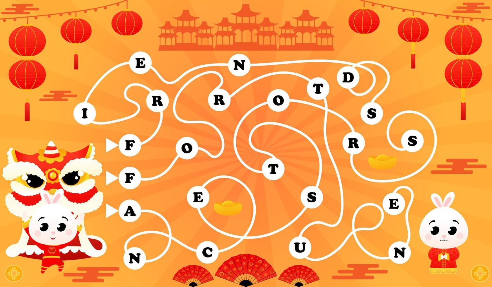Word puzzle with cute rabbit in chinese traditional costume dancing lion dance, printable worksheet vector