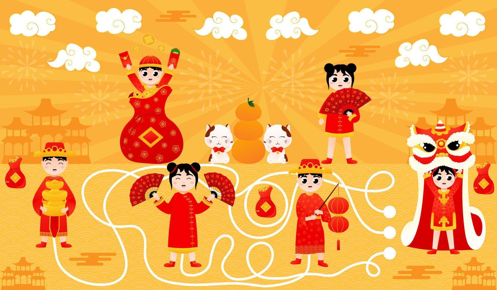 Find way puzzle game for kids for lunar new year, printable worksheet with kids in traditional Chinese costumes vector