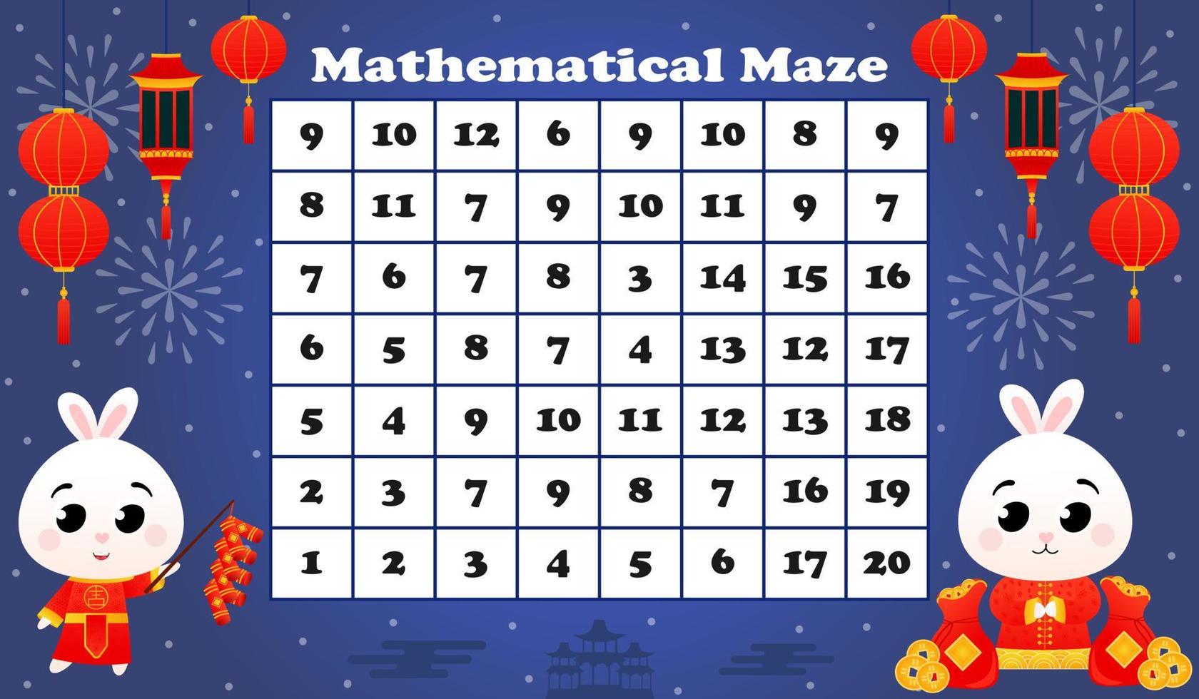 Mathmetical maze for kids with rabbit with firecrackers and lucky bags, money and coins on dark blue background vector
