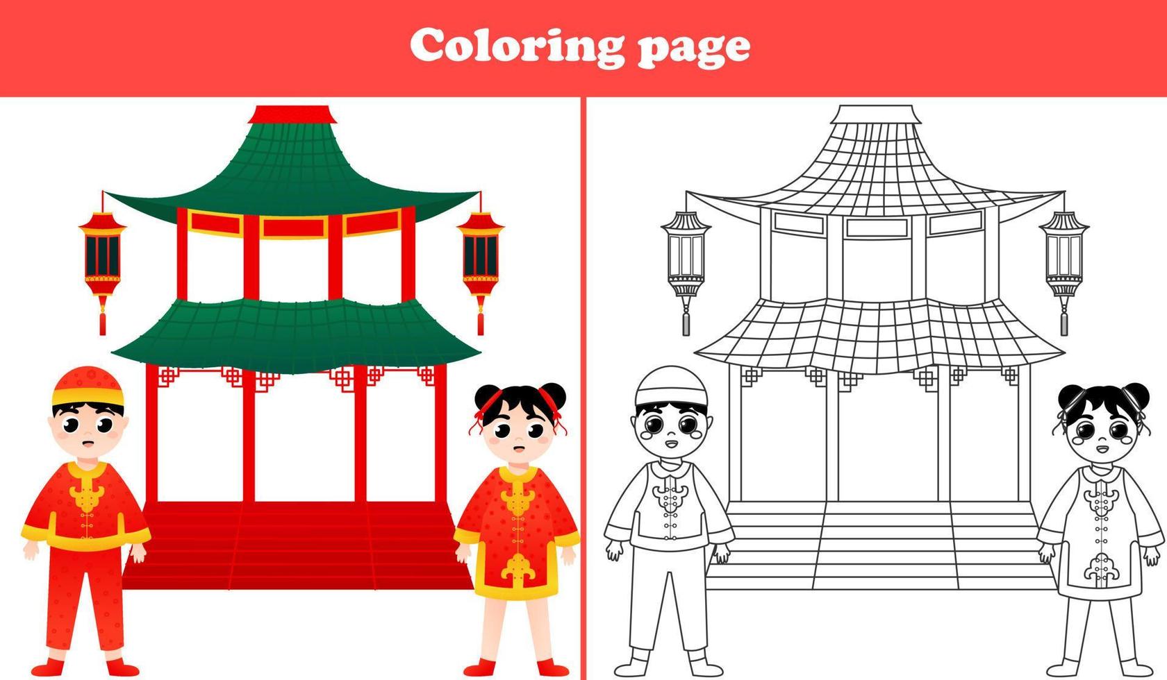 Printable worksheet with coloring page for kids with cute girl and boy in national costume with Asian building and lantern in cartoon style vector