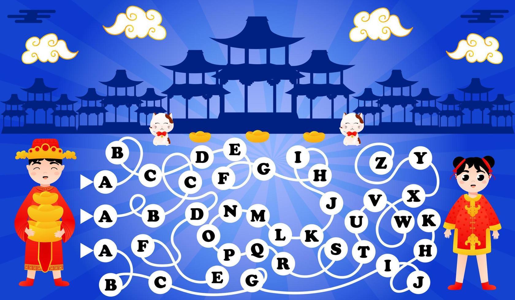 Alphabet game for kids, find way from a to z printable worksheet with girl and boy, lunar new year concept vector