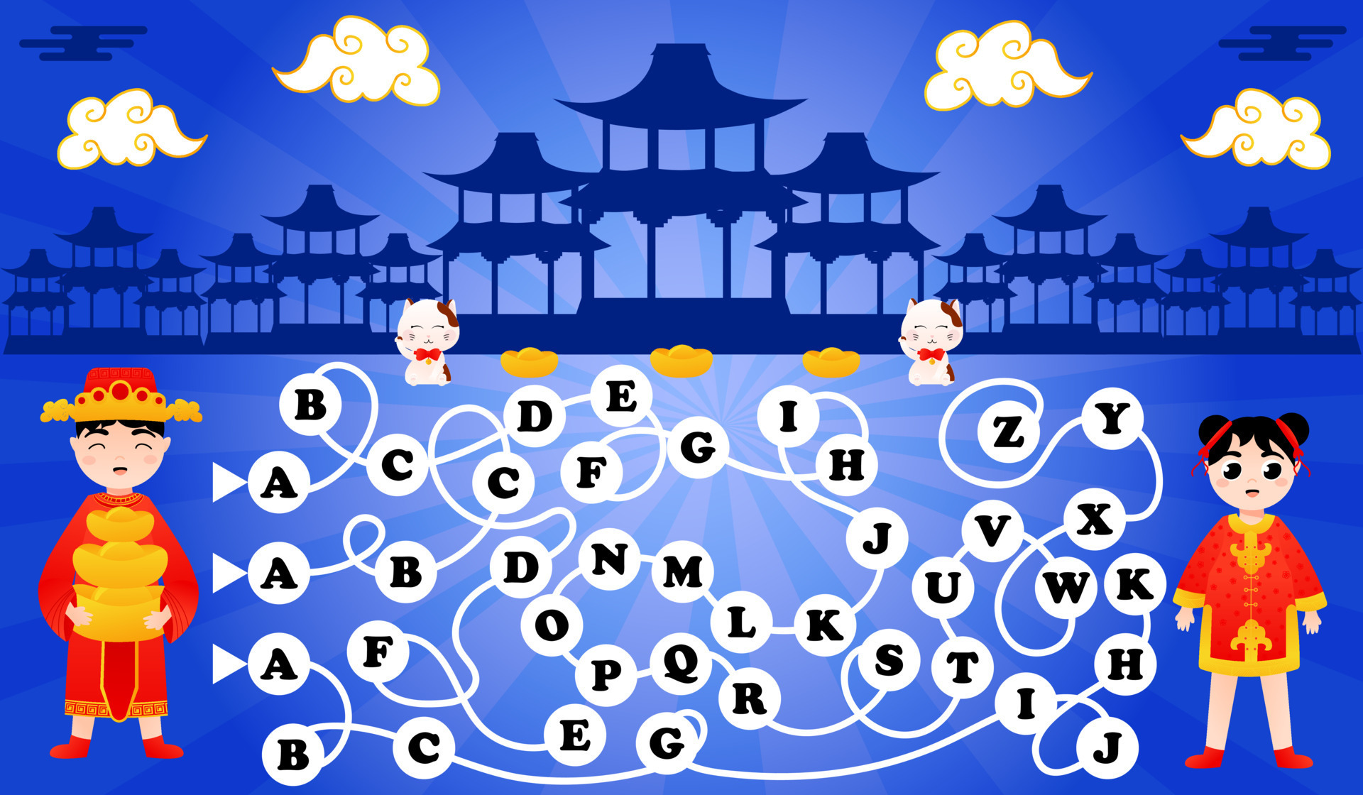 Alphabet game for kids, find way from a to z printable worksheet with