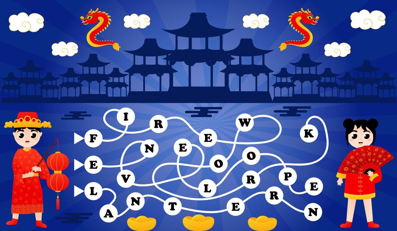 Word puzzle with cute children in chinese traditional costume and dragons, printable worksheet on blue background vector