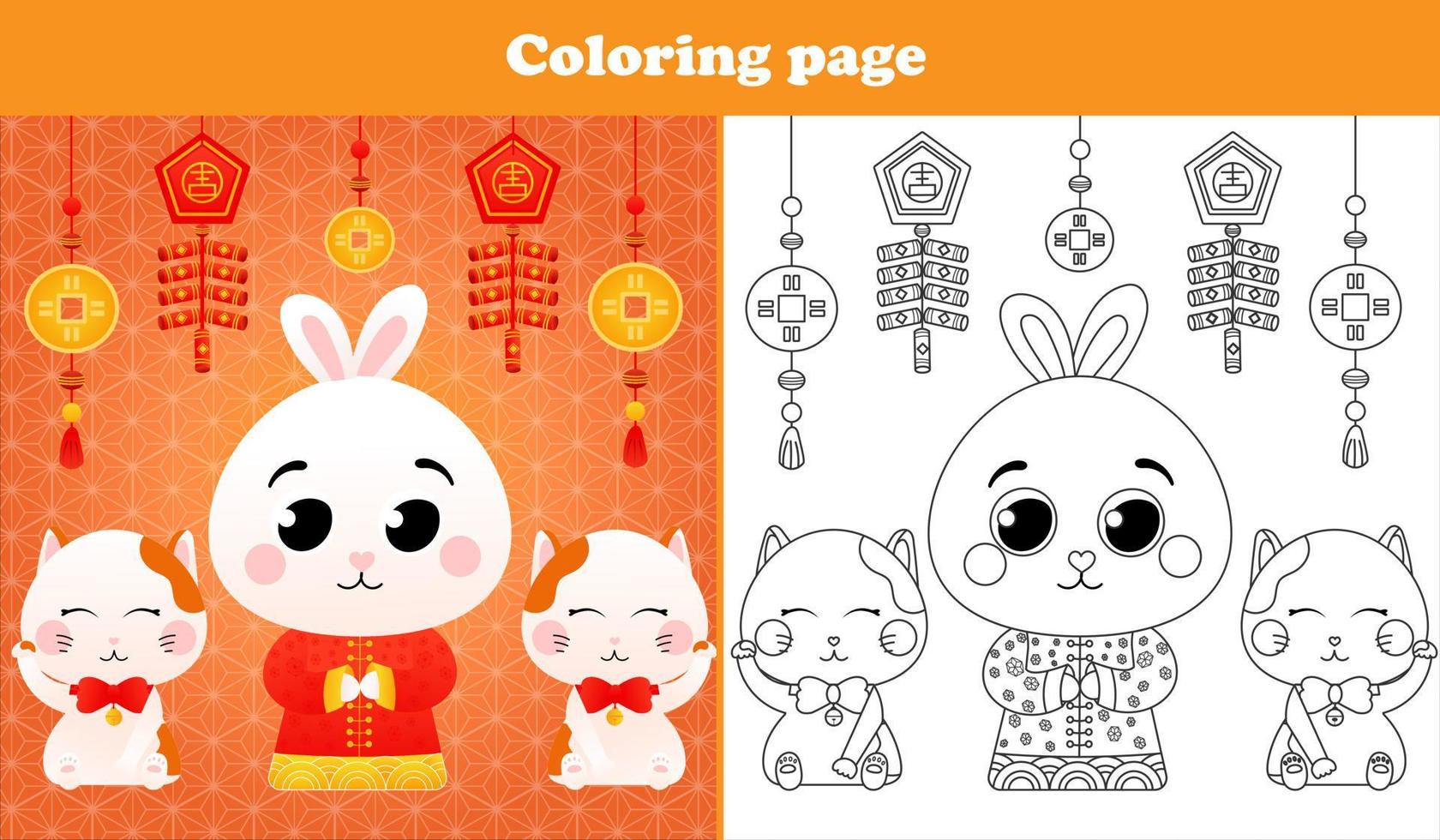 Printable worksheet with coloring page for kids with rabbit in chinese traditional costume with lantern and lucky cats in cartoon style vector