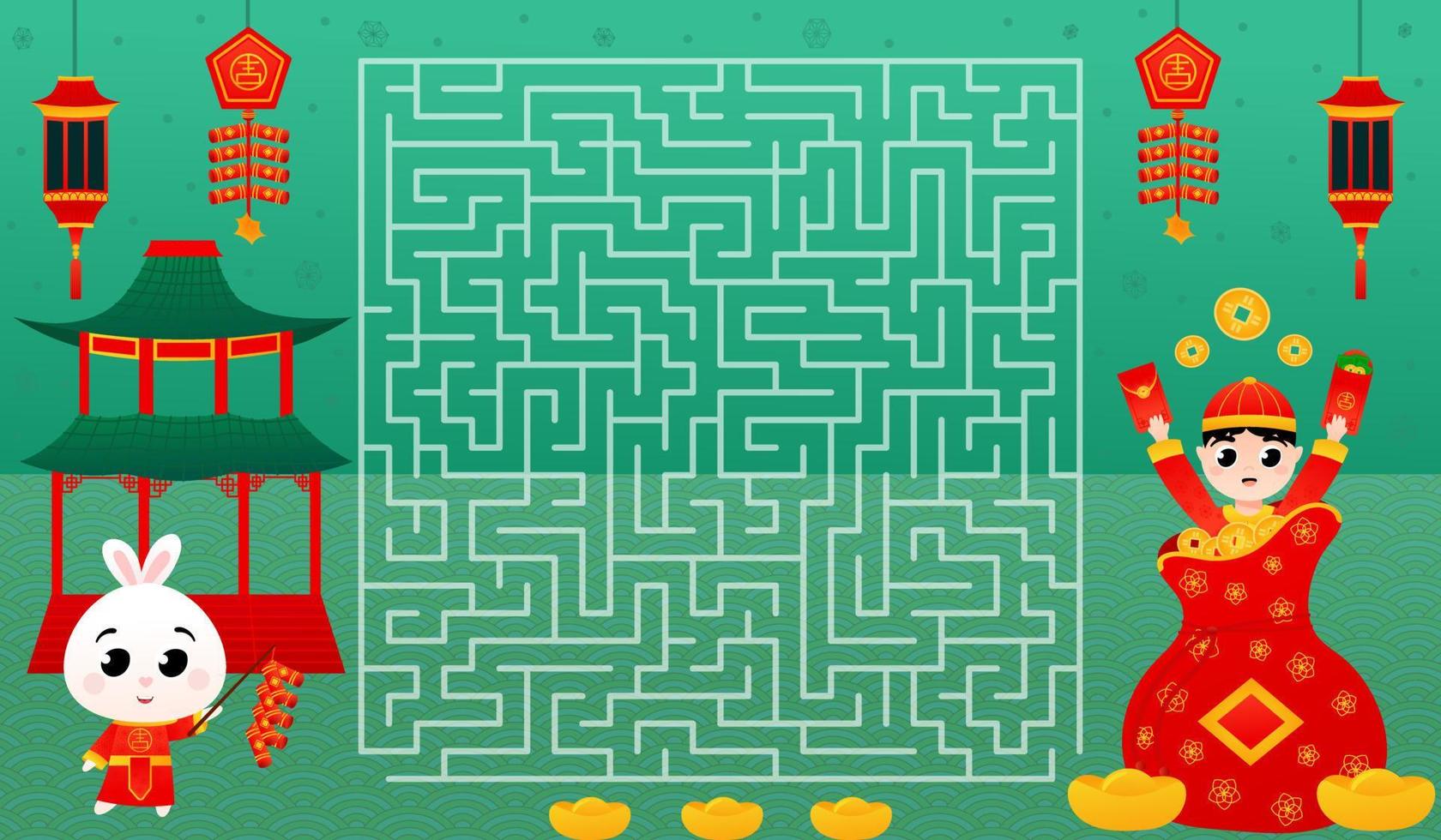 Lunar New year puzzle game with labyrinth, find right way to rabbit with firecrackers from boy hiding in lucky bag vector