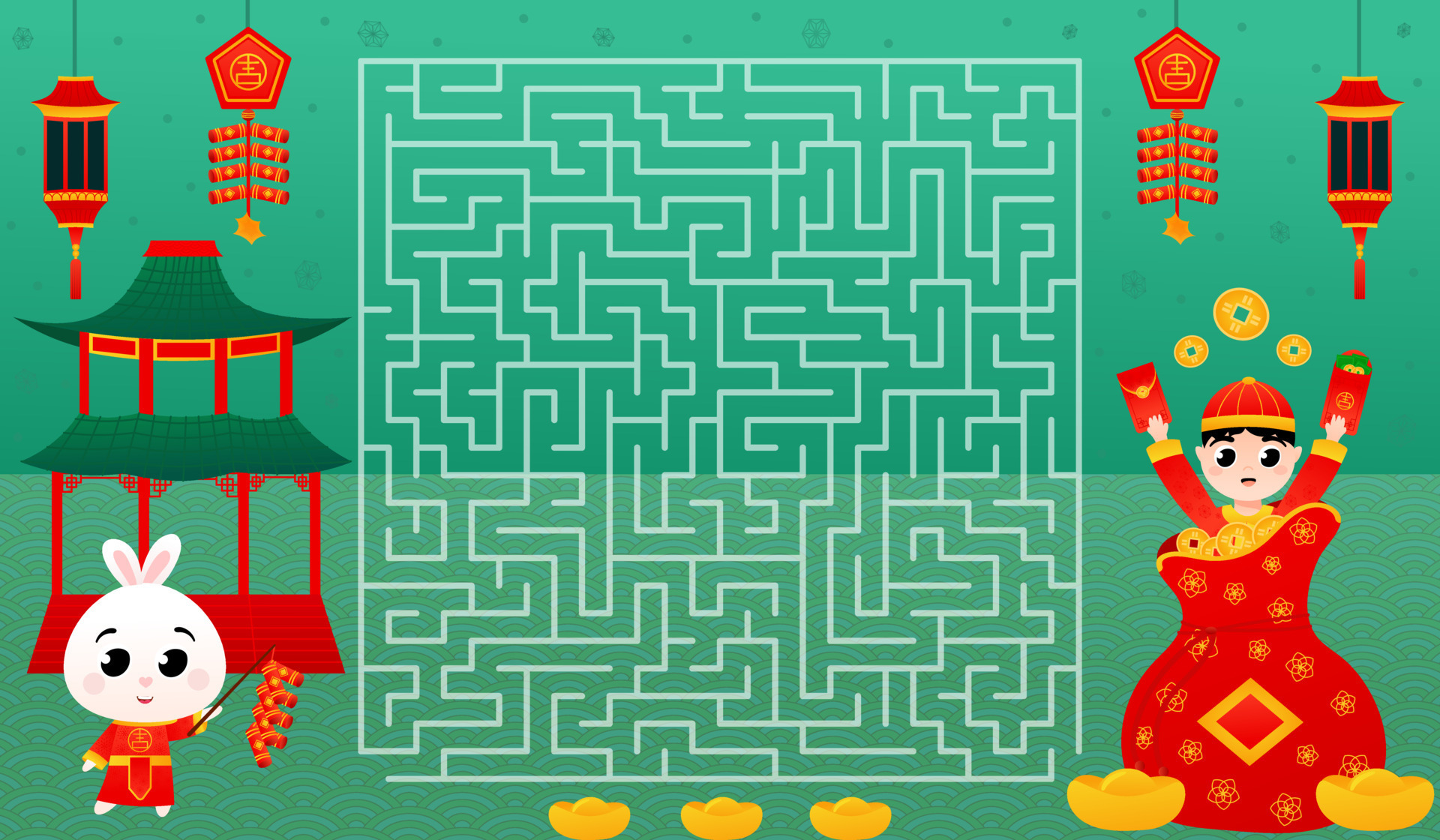 Lunar New year puzzle game with labyrinth, find right way to rabbit with firecrackers from boy
