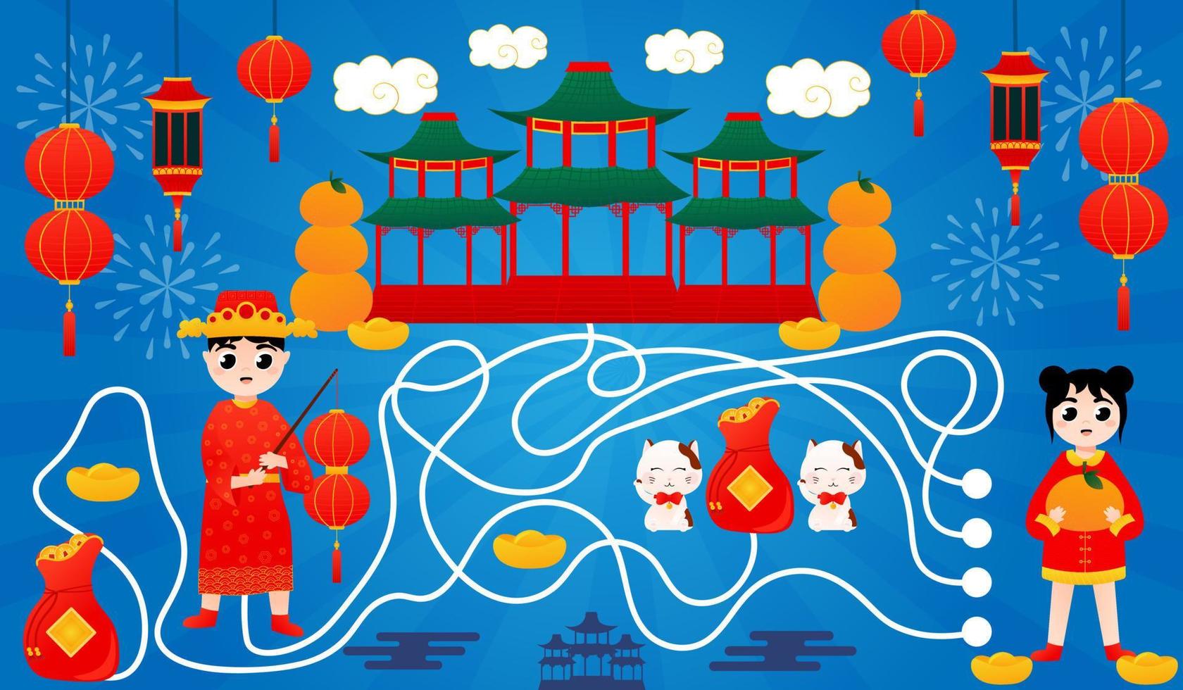 Find way puzzle game for kids for lunar new year, printable worksheet in cartoon style on blue background with kids vector