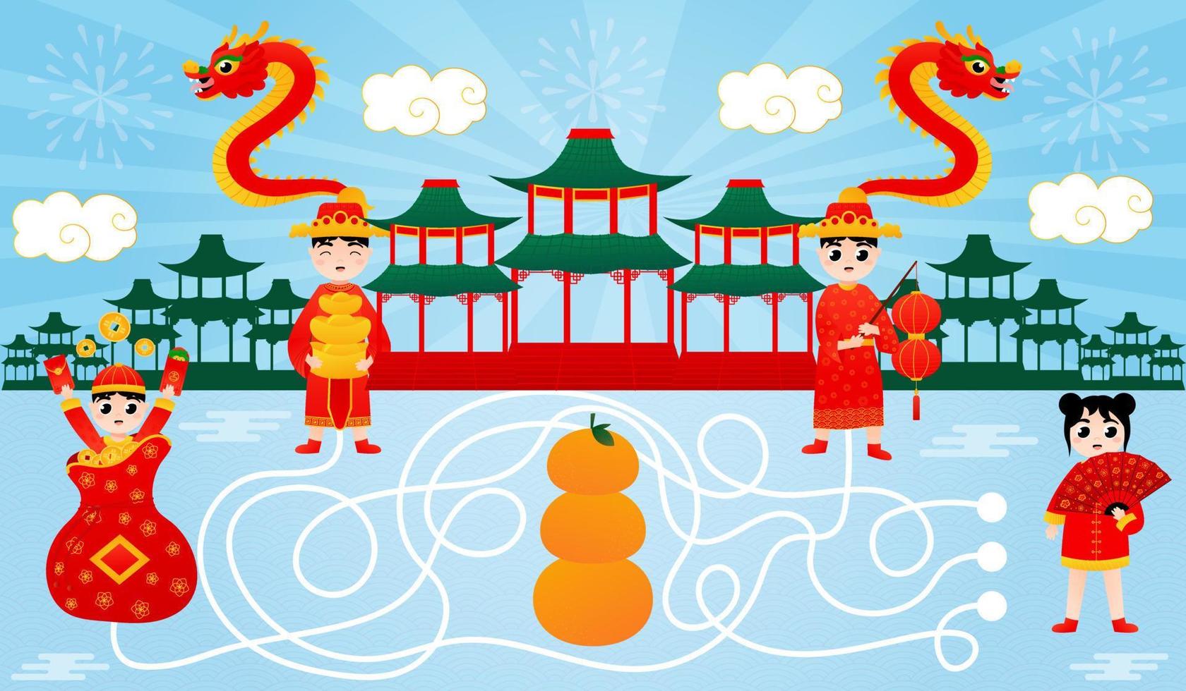 Find way puzzle game for kids for lunar new year, printable worksheet with kids and dragon vector