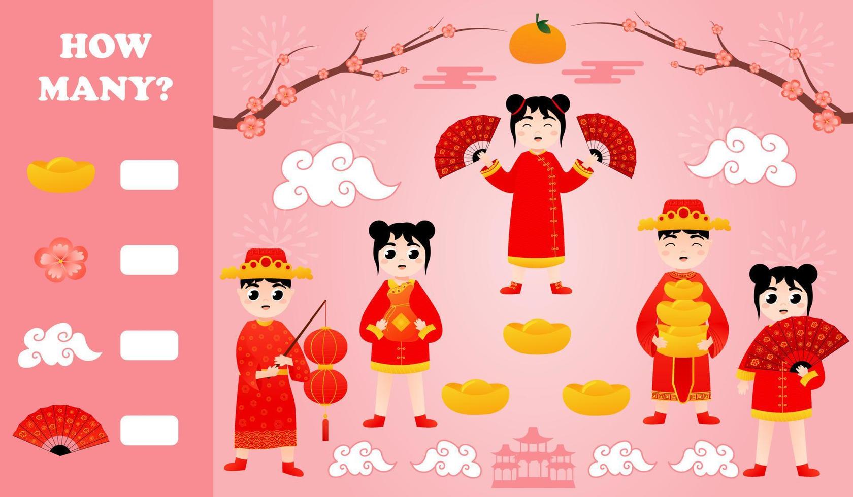 How many puzzle printable worksheet for kids with children in chinese traditional costumes and cherry blossom vector