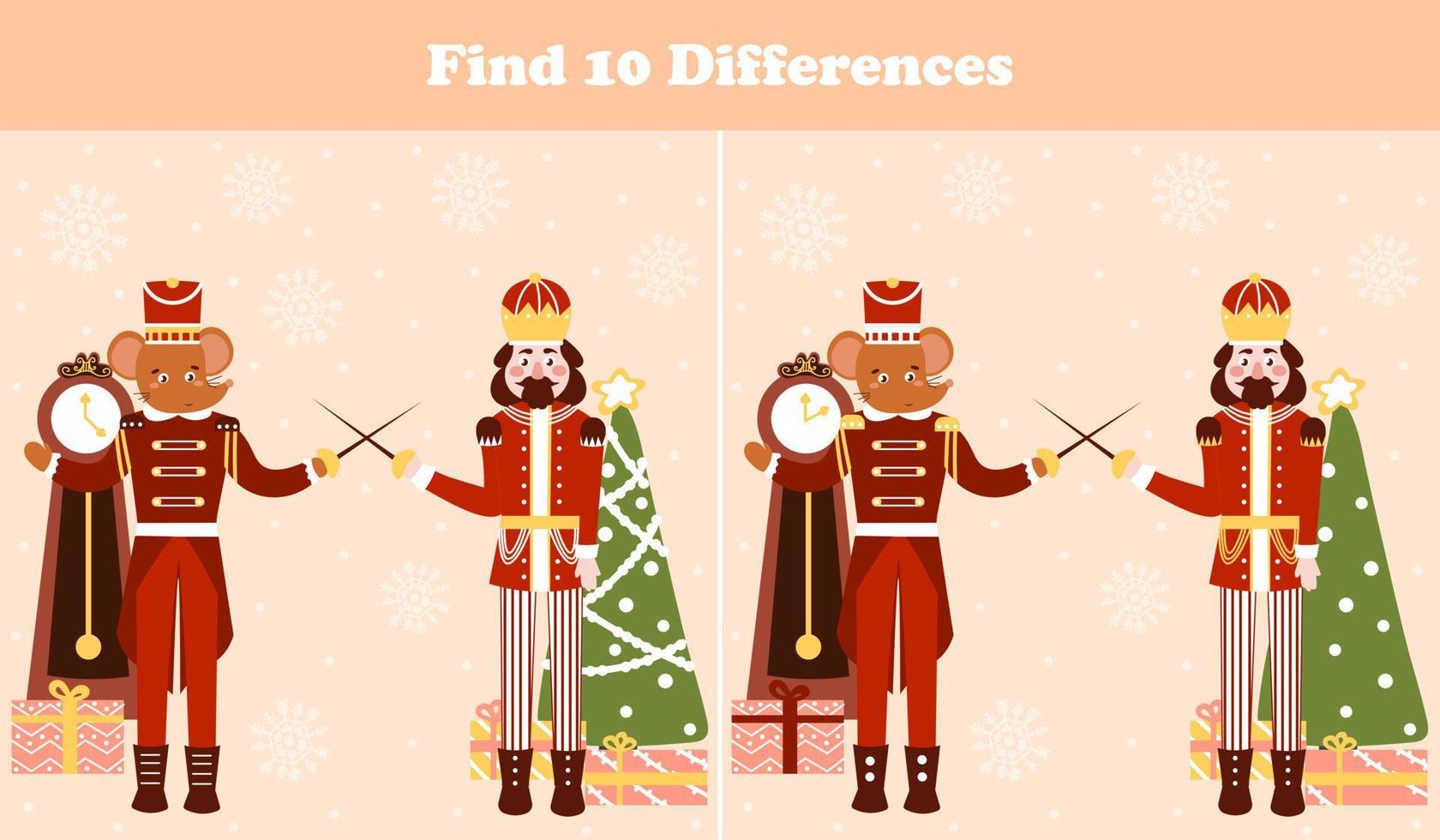 Christmas logical game, find ten differences riddle for children books with nutcracker character and mouse king fighting in cartoon style, xmas eve and gift boxes, search puzzle vector