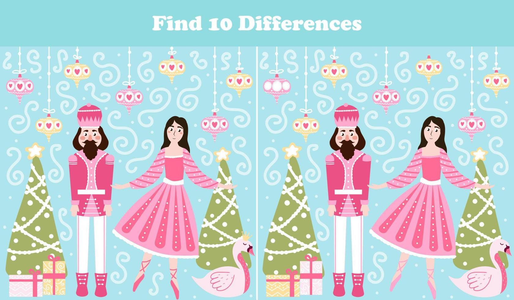 Christmas logical game, find ten differences riddle for children books with nutcracker character and ballerina in cartoon style, xmas eve and gift boxes, search puzzle vector