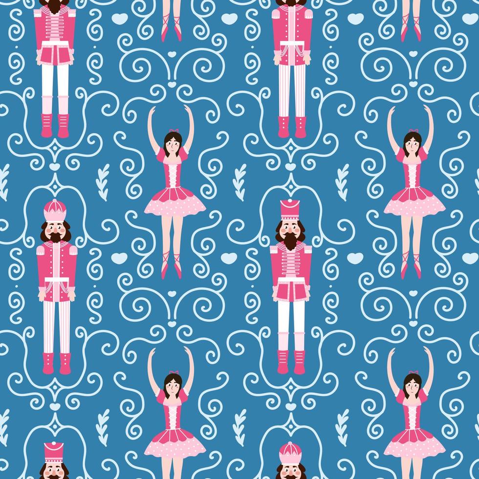 Christmas seamlesss pattern with nutcracker character and ballerina on dark blue background with swirls for wraping paper or fabric, printable wallpaper design in cartoon style vector