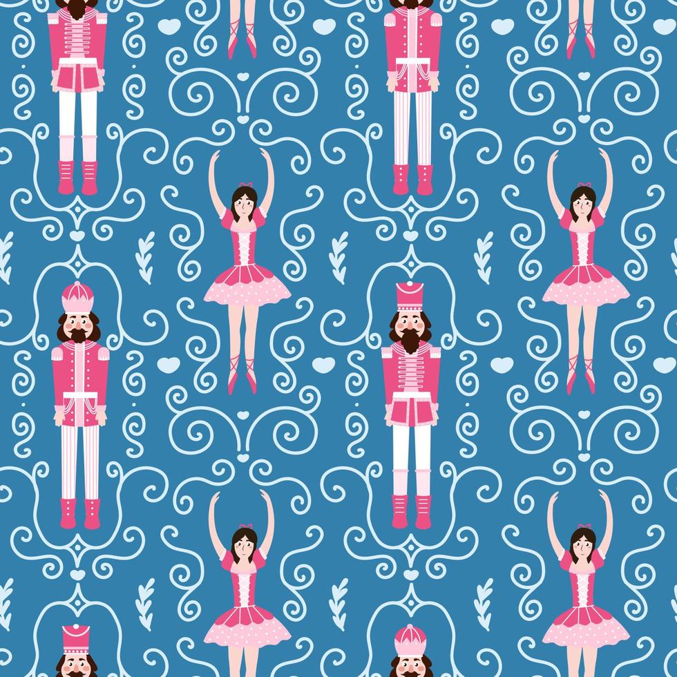 Christmas seamlesss pattern with nutcracker character and ballerina on dark blue background with swirls for wraping paper or fabric, printable wallpaper design in cartoon style vector