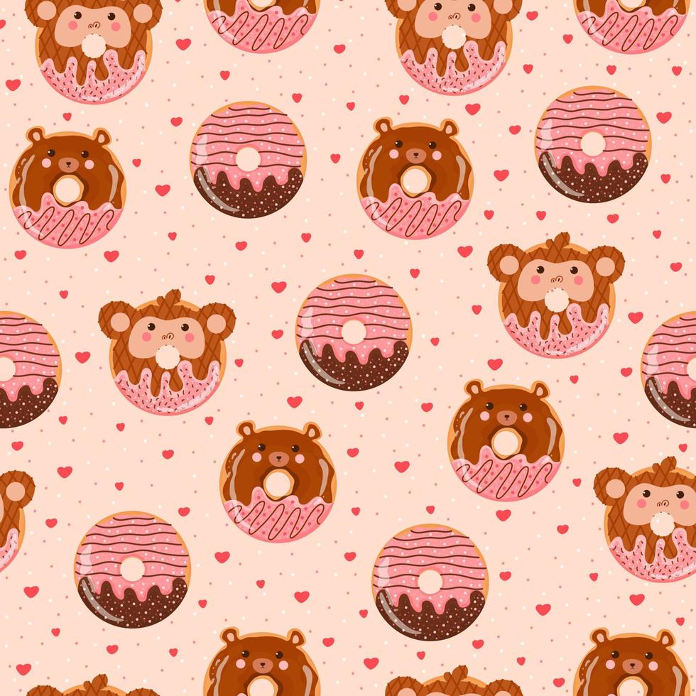 Cute colorful bear and monkey donuts seamless pattern for kids in cartoon style on pink background, tasty bakery vector