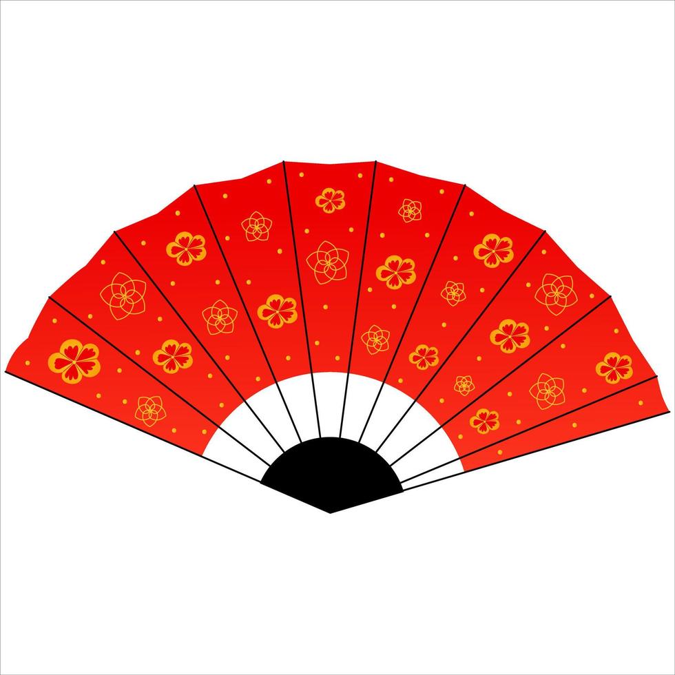 Chinese red fan with gold flowers isolated on white background, lunar new year element in cartoon style vector